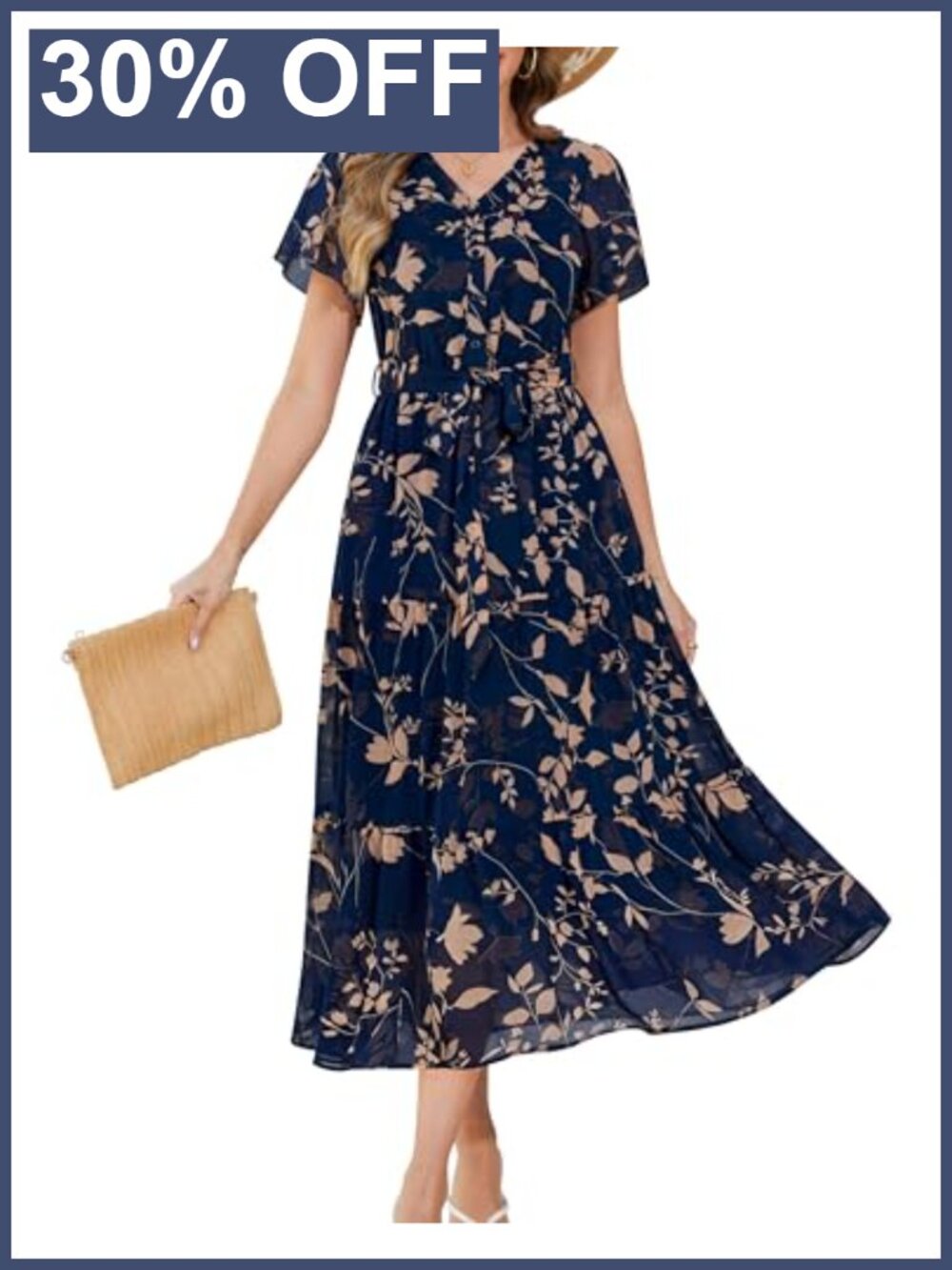 Women's Floral Chiffon Maxi Dress with Pockets Removable Belt